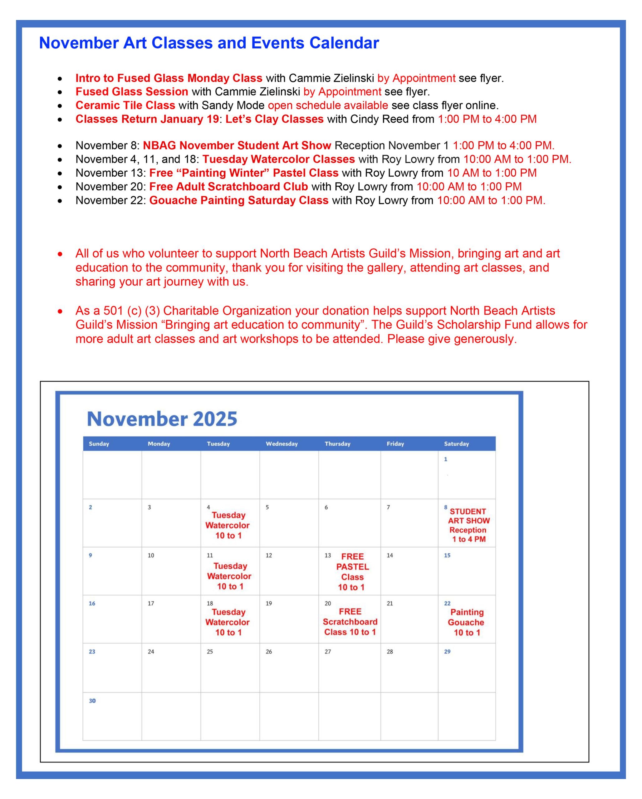 Novemver Class Calendar