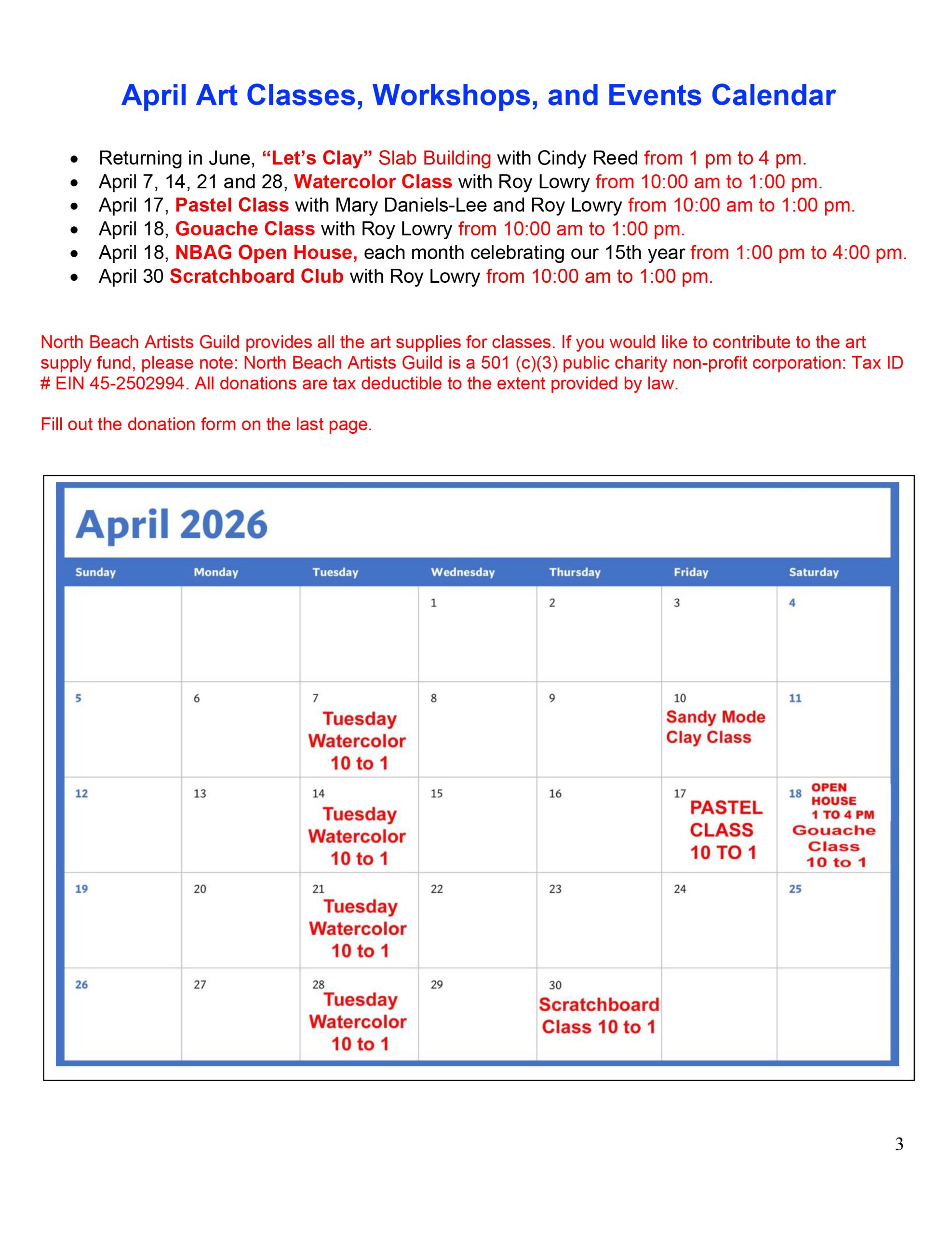 NBAG Newsletter April 2026 Class Schedule