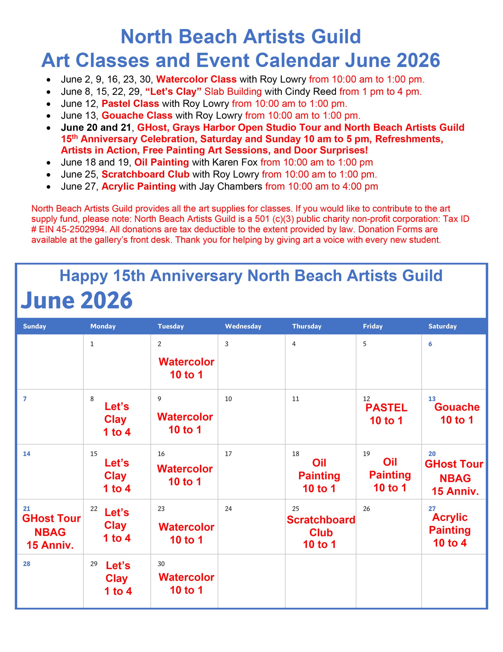 June 2026 Classes and Events Calendar